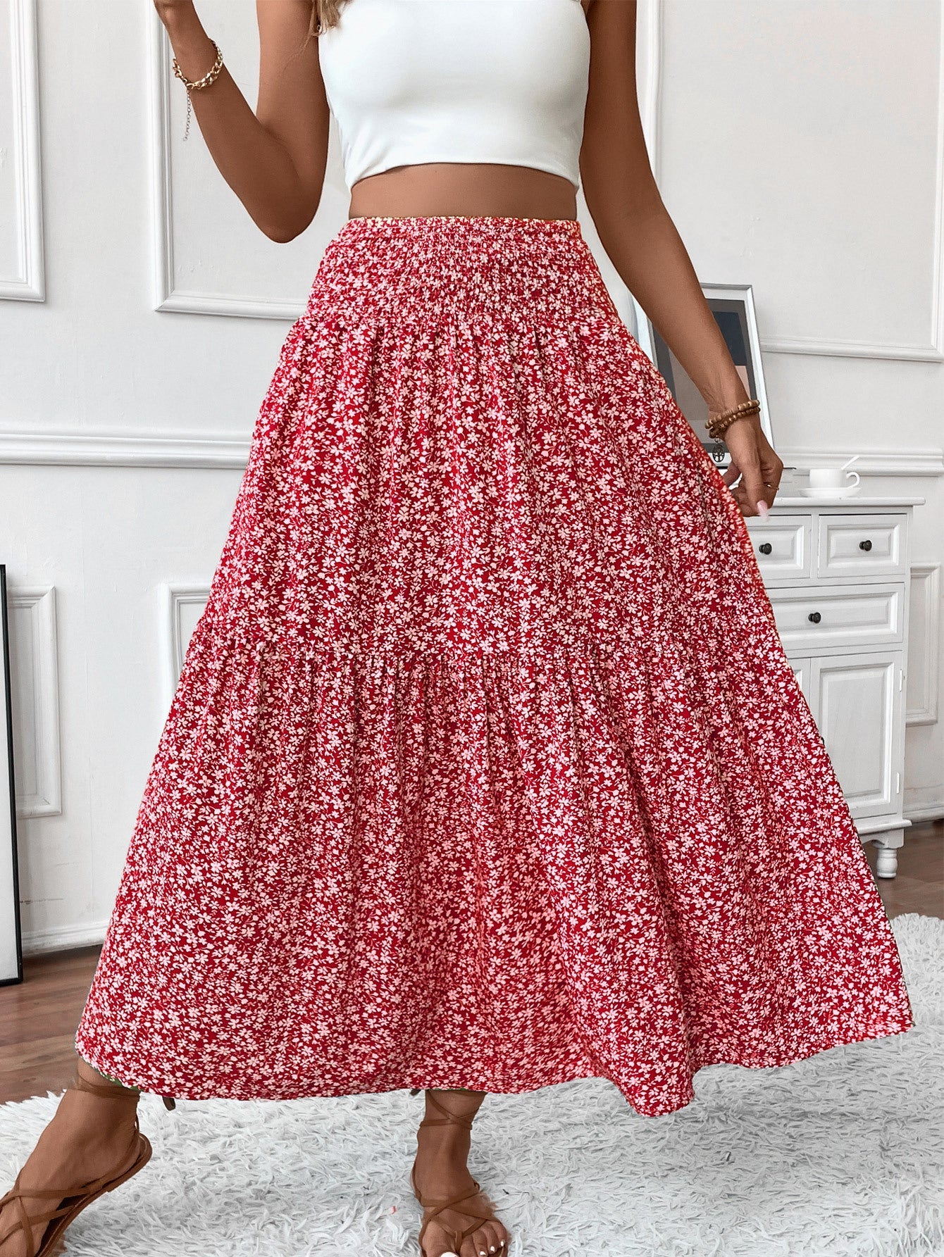 lovwvol summer outfits inspo Small Floral Three-Layer Stitching Long Skirt High-Grade Women's A- line Skirt