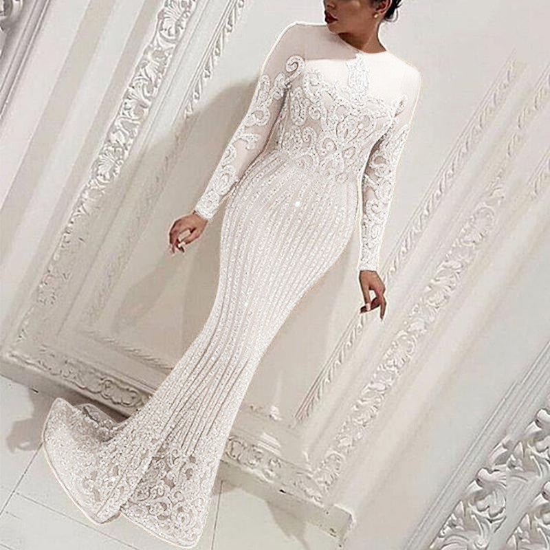 2025New spring and autumn new  women's clothing sexy gold long-sleeved dress ball trailing solid color evening dress