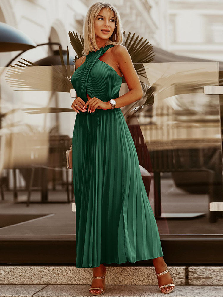 Pleated Halter Belt Maxi Dress