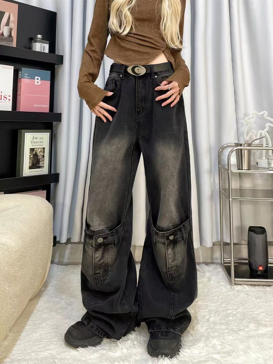 lovwvol grunge dti American-Style Retro Black Stitching Ripped Jeans Women's High Street Loose Straight Wide-Leg Mopping Pants