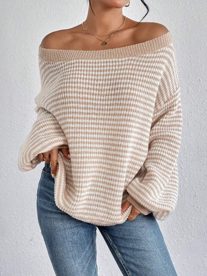 lovwvol fall sweater Off-Neck Sweater Versatile Loose Contrast Color Striped Lantern Sleeve Lazy Style Sweater for Women