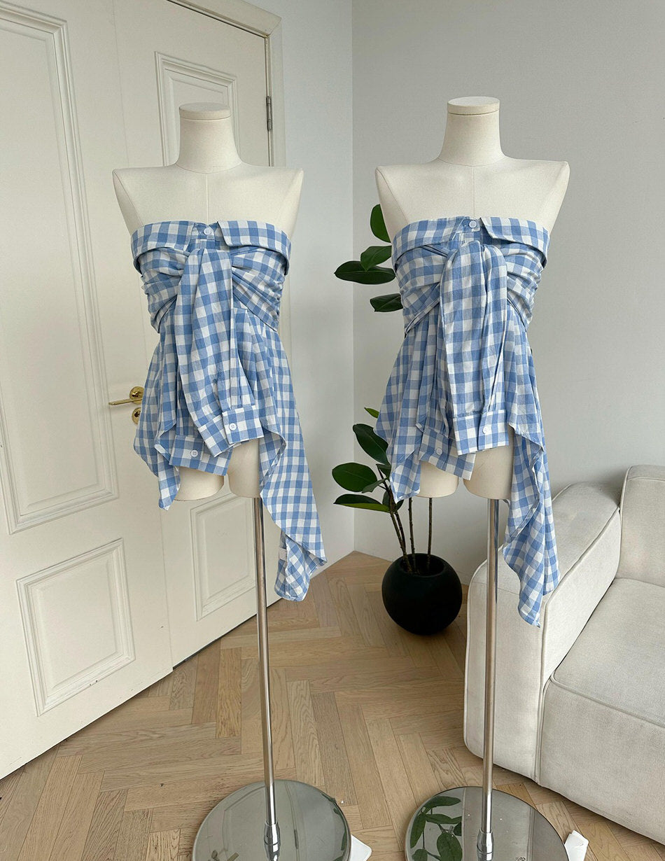 Baby Blue Plaid Off Shoulder Shirt