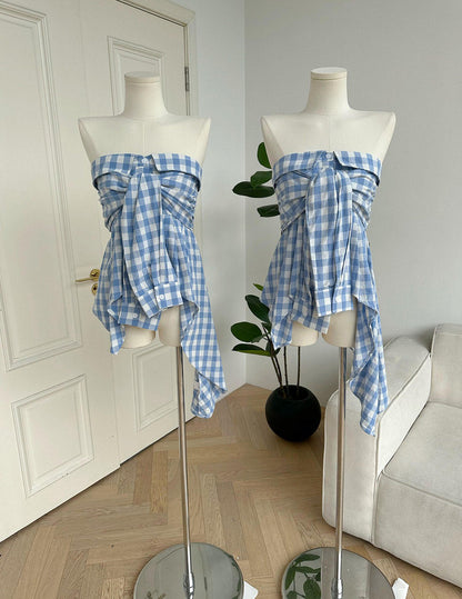 Baby Blue Plaid Off Shoulder Shirt