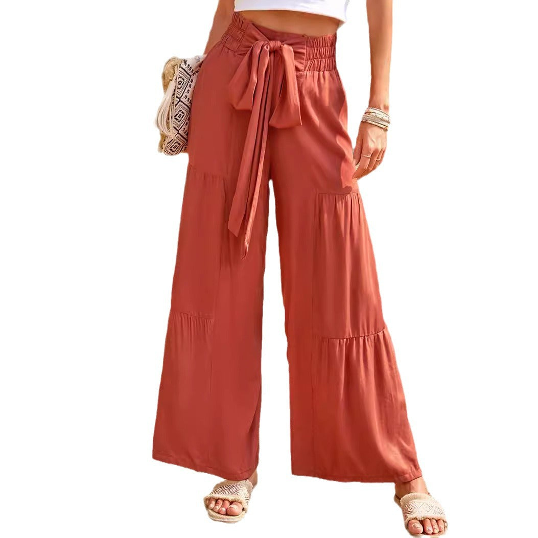 lovwvol western outfits women Summer Women's Fashion Lace-up Stitching High Waist Pleated Wide-Leg Pants Casual Solid Color Loose Trousers