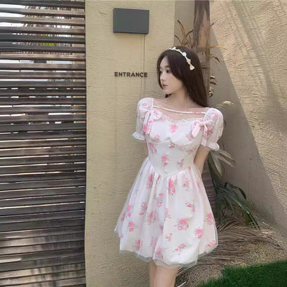 lovwvol outfit inspo Sweet Taro Cheese Pink Floral Skirt Sweet Bow Short Sleeve Dress Women's Spring and Summer New Fashion