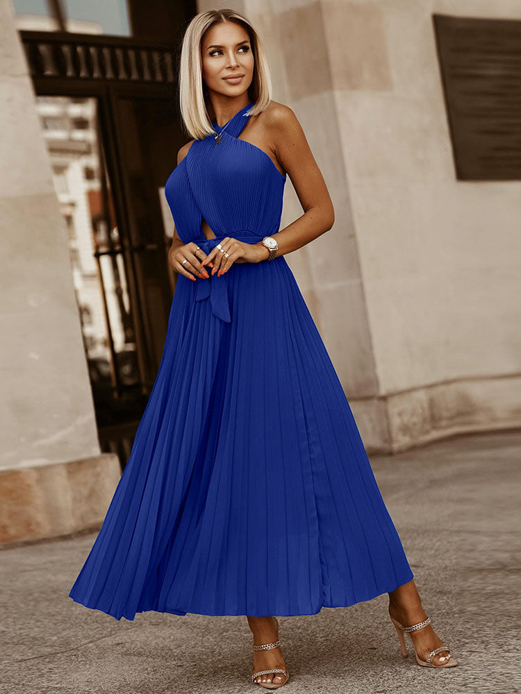 Pleated Halter Belt Maxi Dress