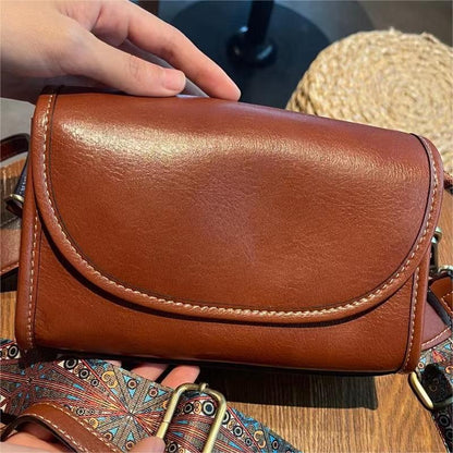 2025 summer new leather oblique span small bag women's casual versatile cover wide shoulder strap shoulder bag cowhide women's bag