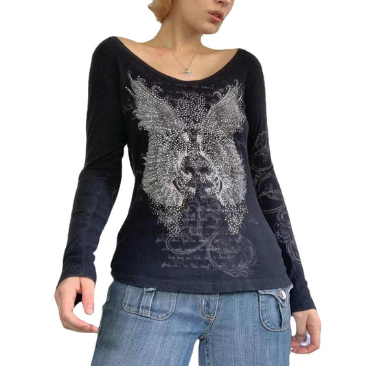 lovwvol grunge outfits New Retro Style round Neck Hot Girl Wings Printed Rhinestone Long Sleeve T-shirt Top Bottoming Shirt