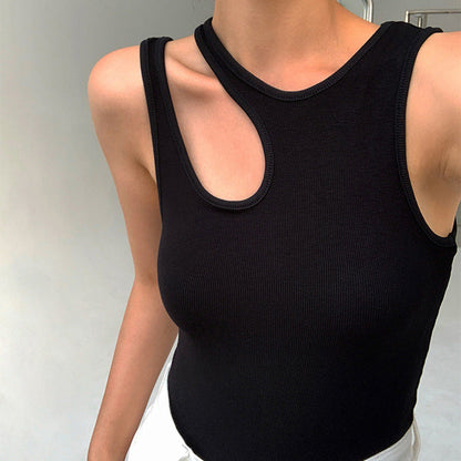 lovwvol going out outfits Women's Solid Color Hollow round Neck Sleeveless Slim Irregular T-shirt Women's Fashion Navel Top Vest Women