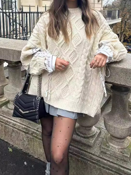 lovwvol mini skirt fall outfit New Knitwear Loose round Neck Lazy Twist Sweater Women's Autumn and Winter Fake Two Pieces Comfortable Warm