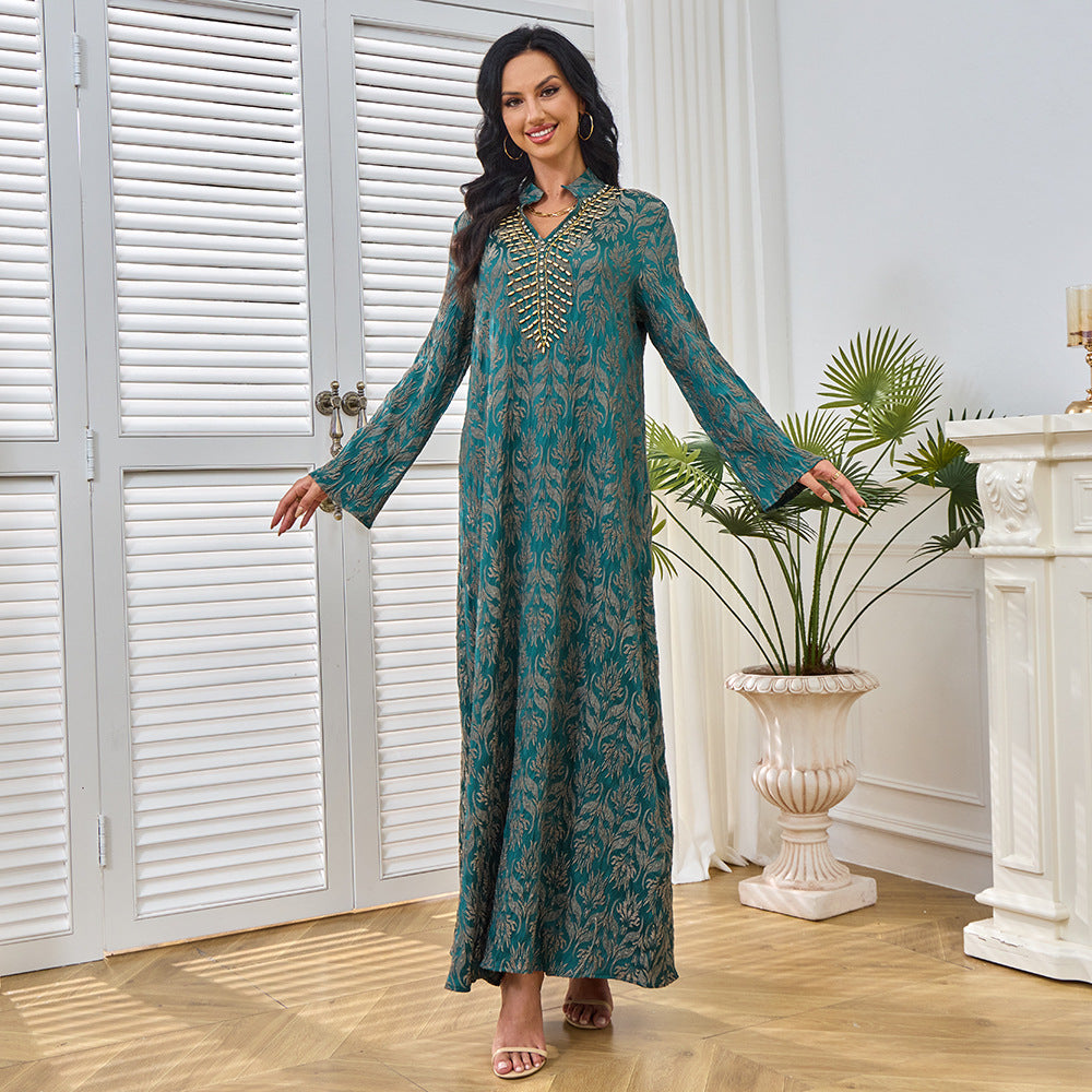 Middle East Popular trade new Dubai evening dress Muslim robe women's long dress Heavy industry hand-sewn bead long-sleeved dress