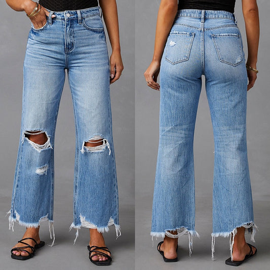 2025 New new wide-leg pants fringed washed tie-dyed ripped high-waisted jeans straight casual trousers women