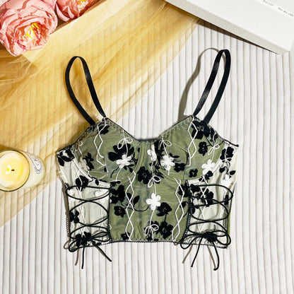 lovwvol y2k outfits Sexy Ins Sweet and Spicy Style Embroidered Mesh Outer Wear Fresh Camisole Steel Ring Strap Underwear