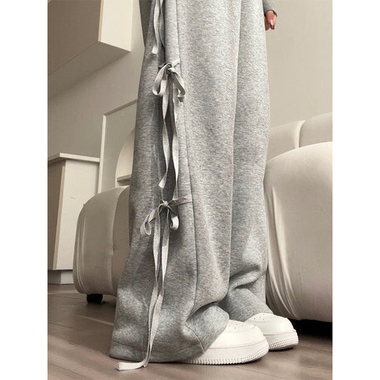 lovwvol old money outfits men Women's Bowknot Lace-up Sports Pants Spring and Autumn 2024 New Loose Gray Casual Wide-Leg Pants Sweatpants