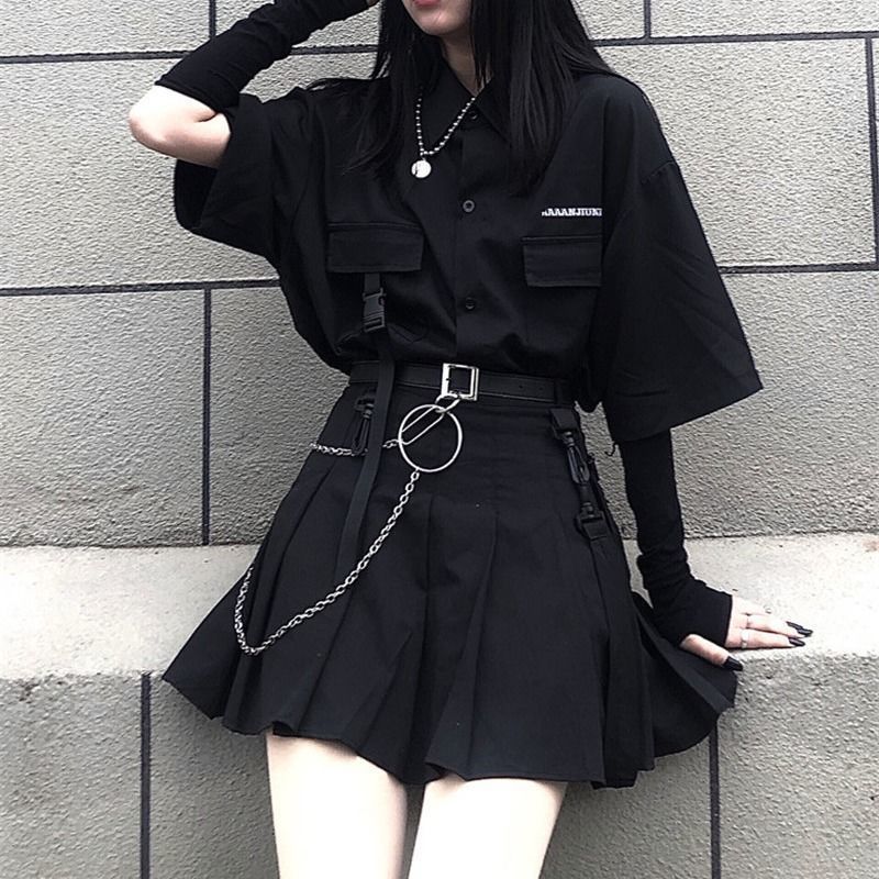 lovwvol grunge outfits Black Pleated Skirt Female Summer Student Skirt Uniform Skirt Hot Girl Tooling High Waist Word Skirt Fashion