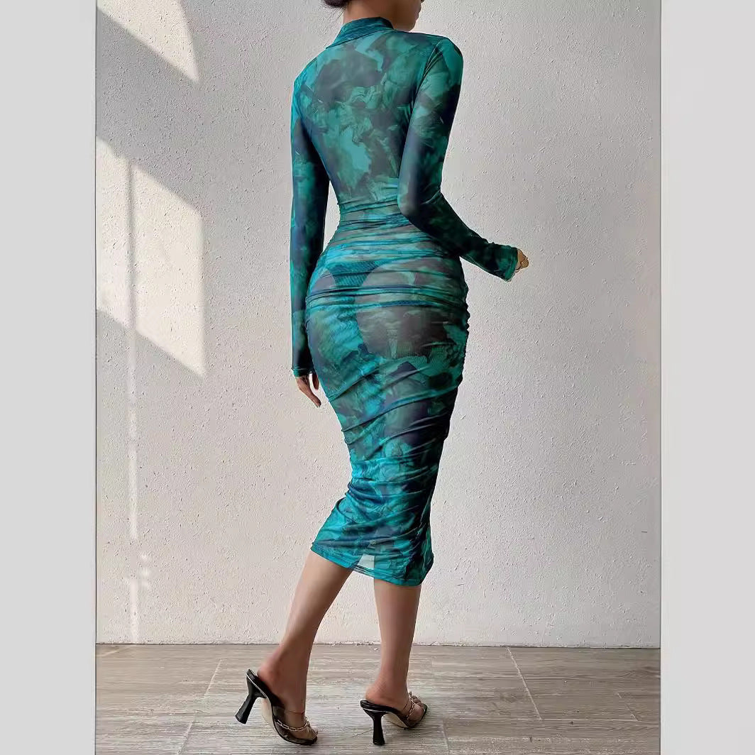 lovwvol widow dress to impress Spring New Fashionable Elastic Transparent Mesh Digital Printing Dress Sexy Hip-Wrapped Temperament Dress