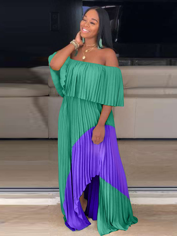 Off Shoulder Ombre Pleated Maxi Dress