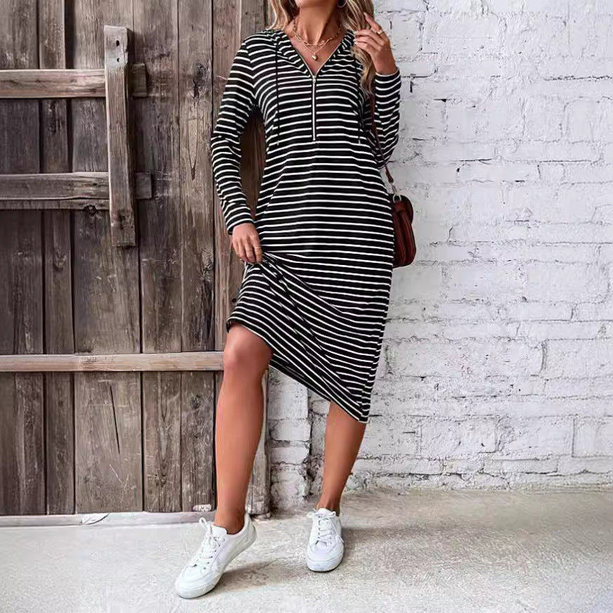 Popular trade  independent station popular 2025 autumn striped hooded slim-fitting fashion long-sleeved dress women