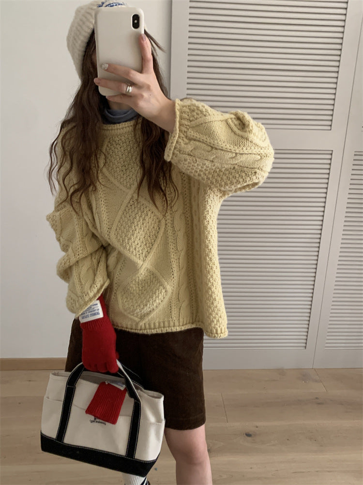 lovwvol outfit inspo Yishi Korean Style Retro Winter New Hemming Knitted Women's round Neck Twist Loose Lazy Style Pullover Sweater