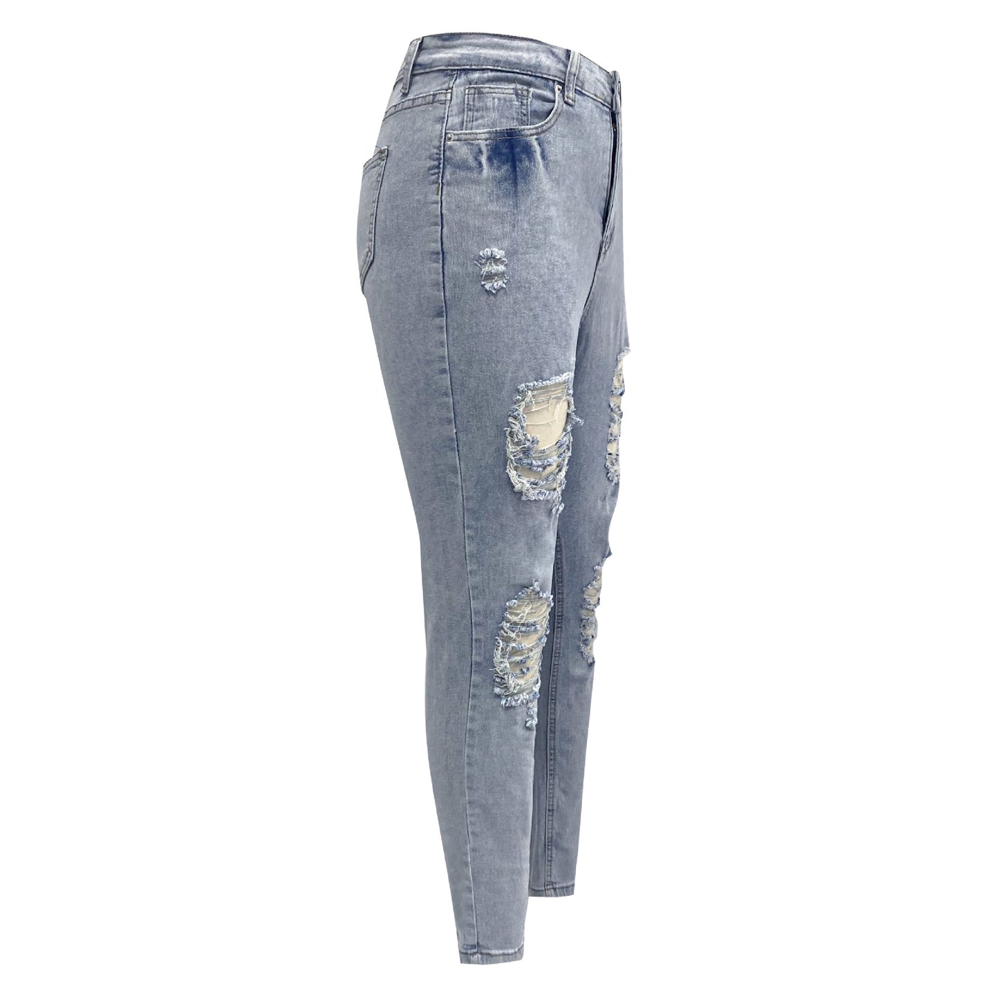 2025 Cross-border washed  women's elastic jeans  new spot light-colored ripped casual trousers