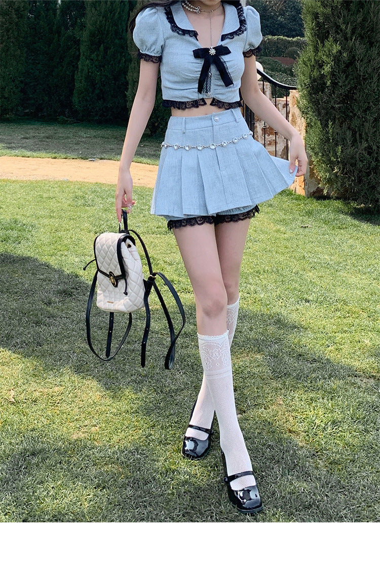 lovwvol Korea Summer Sweet Two Piece Mini Skirts Sets Kawaii Lolita Peter Pan Collar Bow Crop Top + Mini Skirt Suit Blue Outfit Outwear