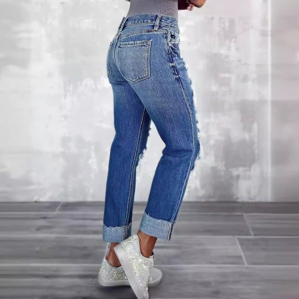 2025 Factory direct sales  New new women's ripped jeans, pockets and thin Popularan straight-leg pants and trousers