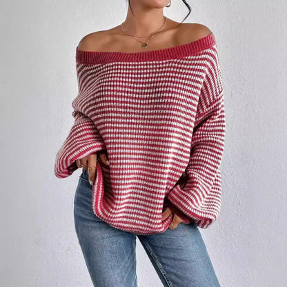 lovwvol fall sweater Off-Neck Sweater Versatile Loose Contrast Color Striped Lantern Sleeve Lazy Style Sweater for Women