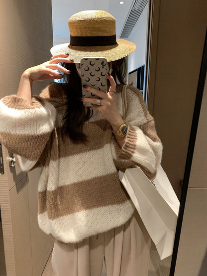 lovwvol fall sweater Lazy Thick Striped Loose plus Size Pullover Sweater Lantern Sleeve Pullover Women's Autumn and Winter New G9