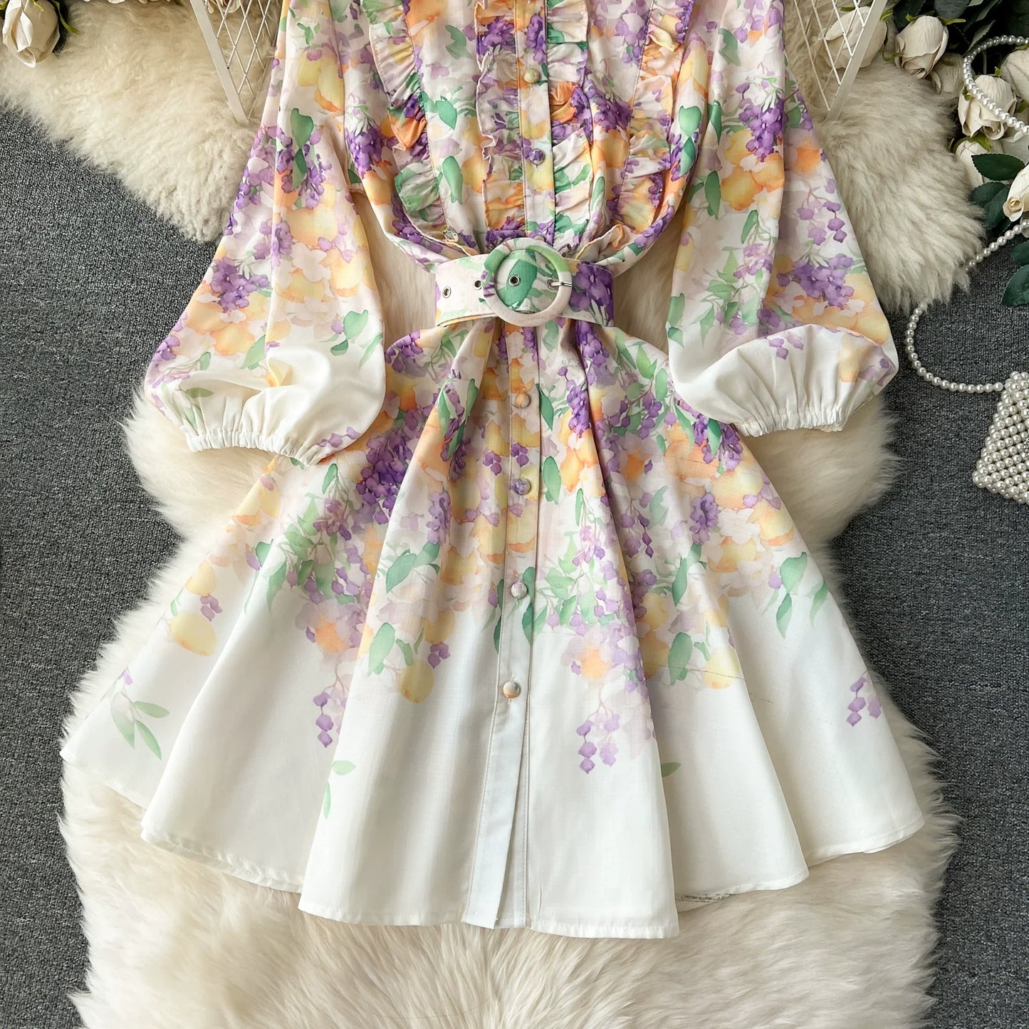 lovwvol Summer Holiday Linen Dress Women Clothing Stand Ruffles Long Lantern Sleeve Flower Print Single Breasted Belt Mini Vestidos