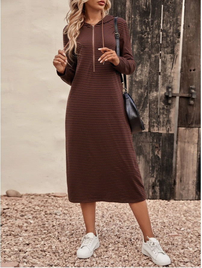 Popular trade  independent station popular 2025 autumn striped hooded slim-fitting fashion long-sleeved dress women