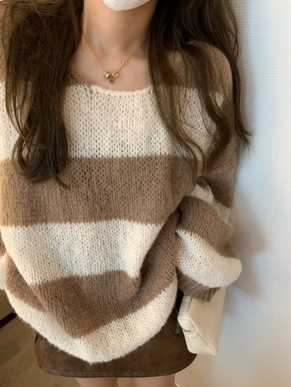 lovwvol fall sweater Lazy Thick Striped Loose plus Size Pullover Sweater Lantern Sleeve Pullover Women's Autumn and Winter New G9