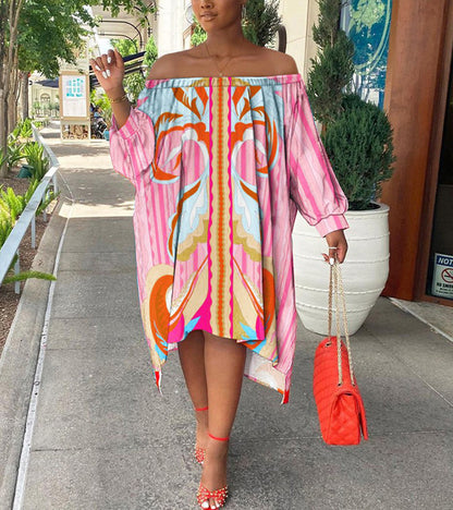 2025New women's clothing new season  new pink one-word shoulder printing medium and long dress loose long-sleeved dress