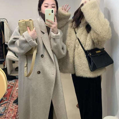 lovwvol frat boy outfits New Autumn and Winter Korean Style Loose Small Hepburn Style Woolen Coat Oatmeal Color Double-Sided Cashmere Coat for Women