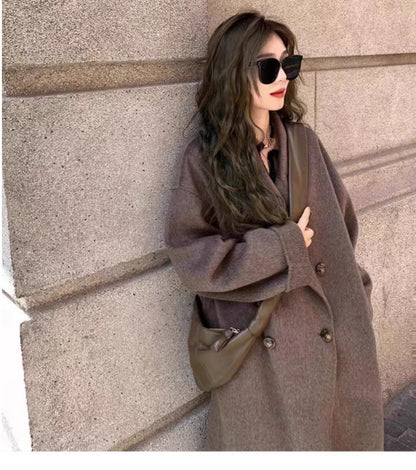 lovwvol frat boy outfits New Autumn and Winter Korean Style Loose Small Hepburn Style Woolen Coat Oatmeal Color Double-Sided Cashmere Coat for Women