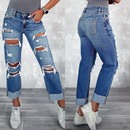 2025 Factory direct sales  New new women's ripped jeans, pockets and thin Popularan straight-leg pants and trousers