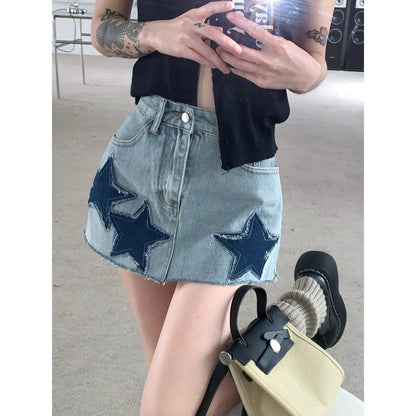 lovwvol y2k American Style Large Skirt Retro Star a Skirt Summer Hot Girl Design High Waist Slimming Denim Skirt