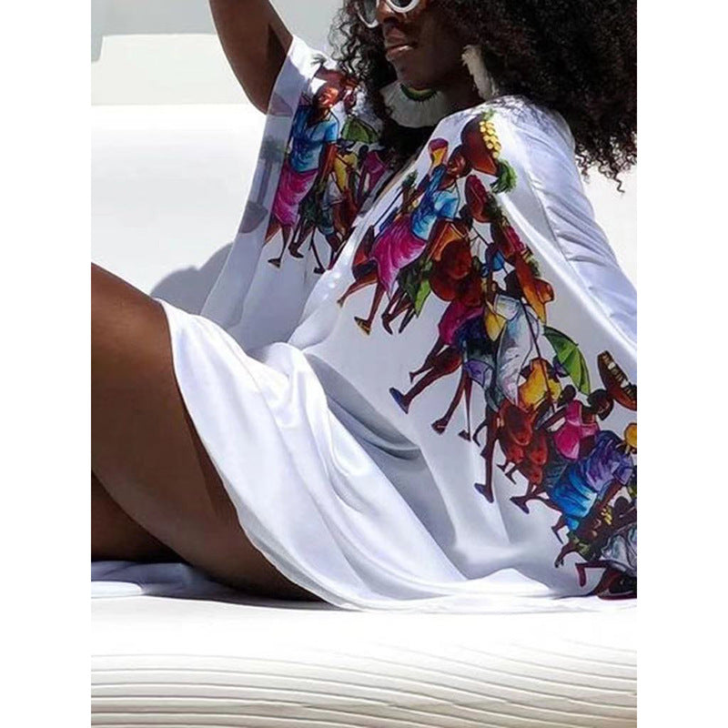 2025summer  Africa, Popular, , New face digital printing white dress loose and sexy long dress