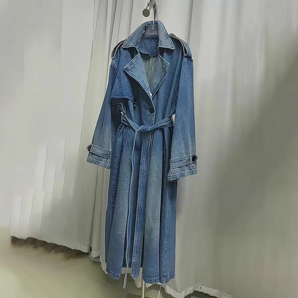 lovwvol outfit inspo European Wash Blue Denim Long Trench Coat Women's Autumn Elegant High-Grade Retro Casual Double Breasted Denim Overcoat