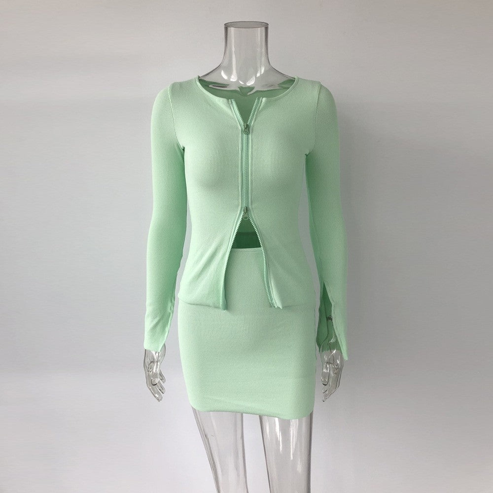 lovwvol going out outfits Autumn Two-Piece Casual Solid Color Elegant Commuter Long-Sleeved Jacket Hip Skirt Suit Green Half-Length Suit