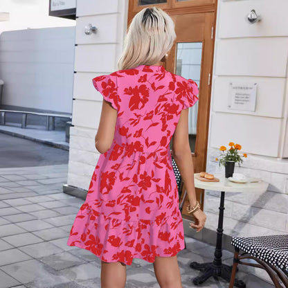 New Popular trade 2025 women's clothing popular spring and summer new lotus leaf sleeve V-neck loose waist printed dress