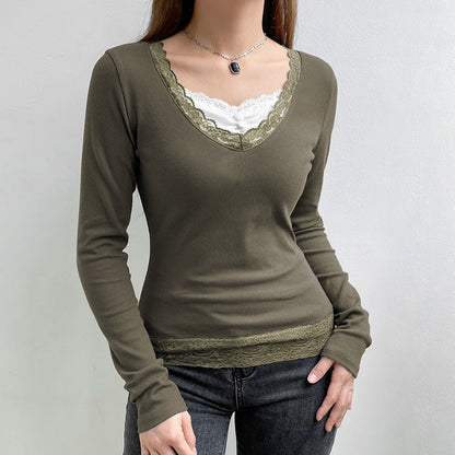 lovwvol grunge dti Women's Spring New Gray Green V-neck Tight Waist Lace Knitted Top