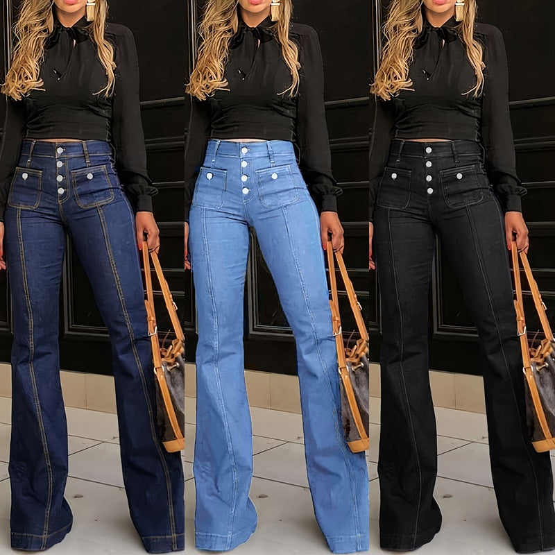 2025 Cross-border  spring  new breasted high-waisted jeans women's slim temperament flared pants trousers spot