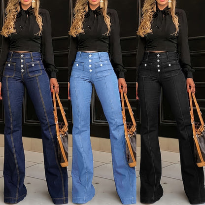 2025 Cross-border  spring  new breasted high-waisted jeans women's slim temperament flared pants trousers spot