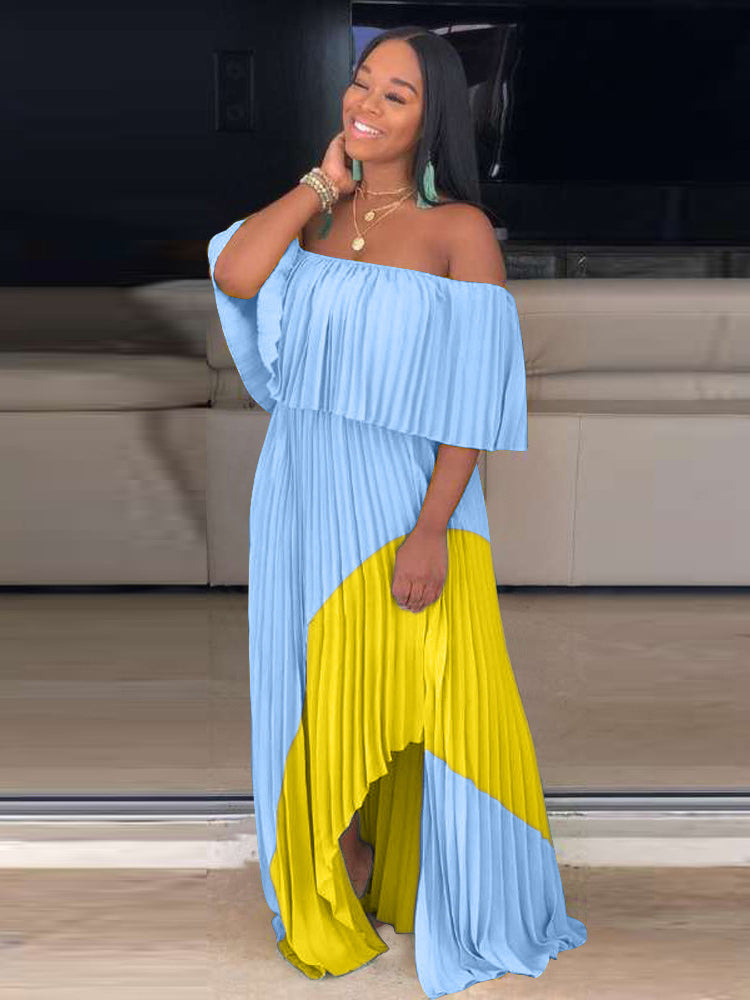 Off Shoulder Ombre Pleated Maxi Dress