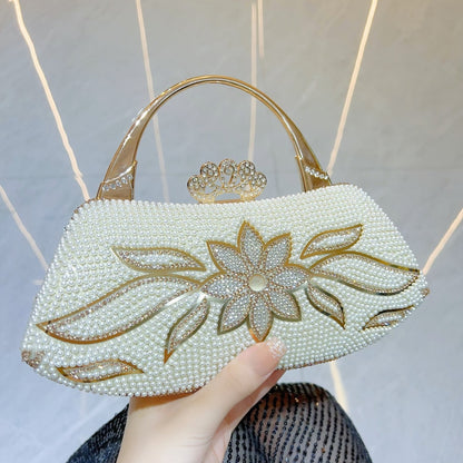 New New pearl bag, flower diamond-encrusted hand bag, high-end banquet handbag, one-shoulder messenger dinner bag.