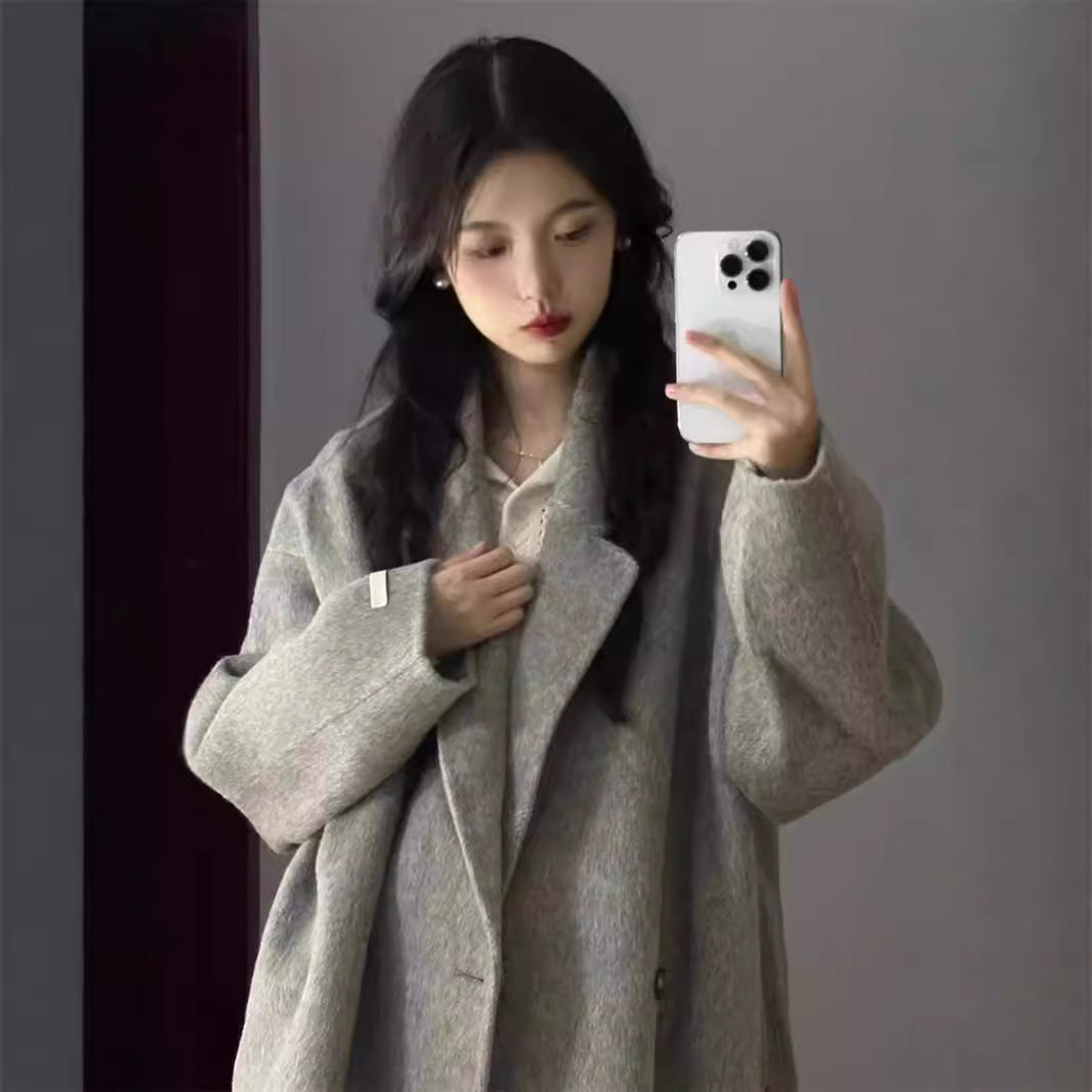 lovwvol frat boy outfits New Autumn and Winter Korean Style Loose Small Hepburn Style Woolen Coat Oatmeal Color Double-Sided Cashmere Coat for Women