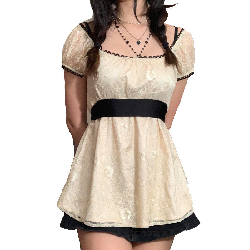 lovwvol pop culture dress to impress New Lace Top Women's Tight Waist Mesh Lace Shirt Mid-Length Short Sleeve Lace T-shirt