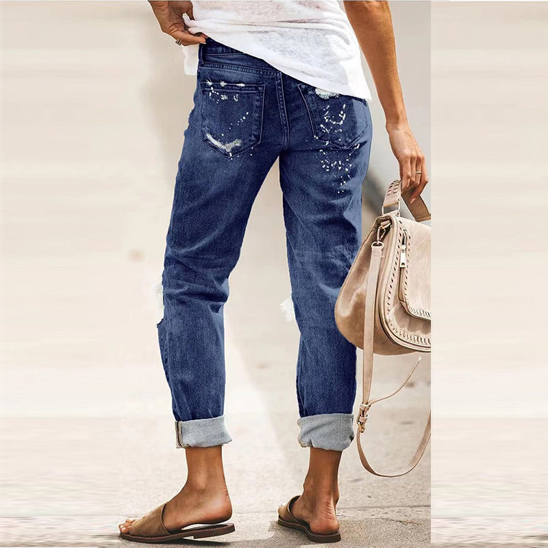 2025 Factory direct sales New   street hipster Popular trade hole straight print denim trousers women