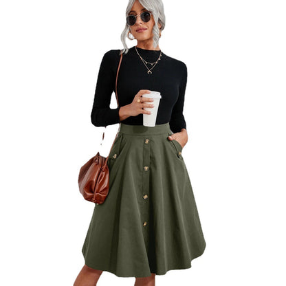 lovwvol work outfits women Women's Pocket Button Waist Elegant Umbrella Skirt French Mid-Length Skirt