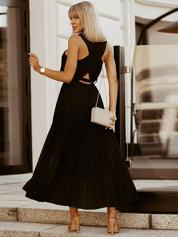 Pleated Halter Belt Maxi Dress